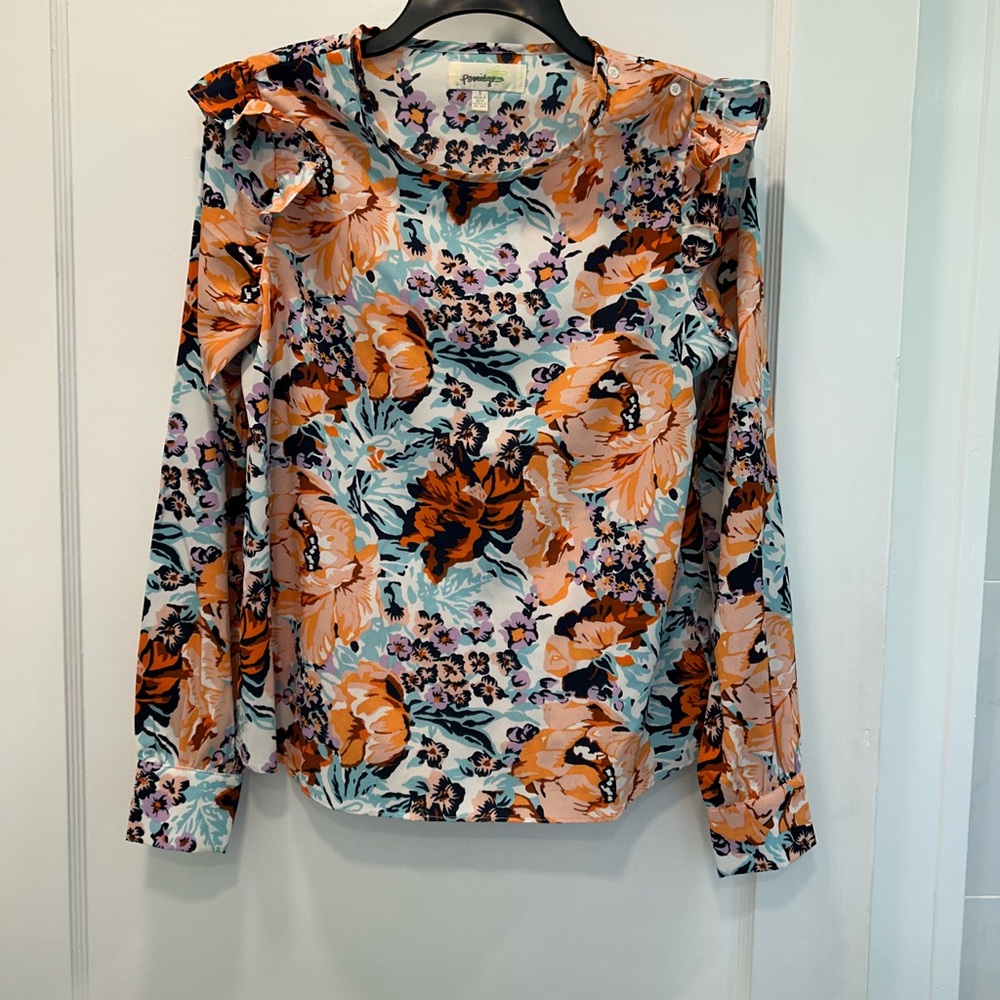 Ruffled Orange and Blue Long Sleeve Blouse